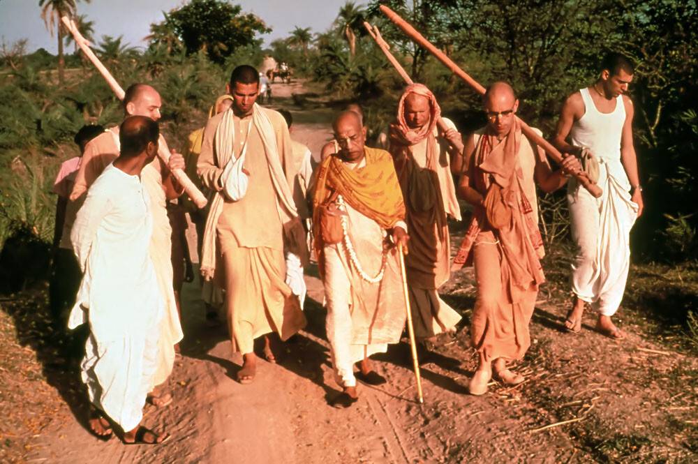 Srila Prabhupada and a Group of Devotees on a Morning Walk In India